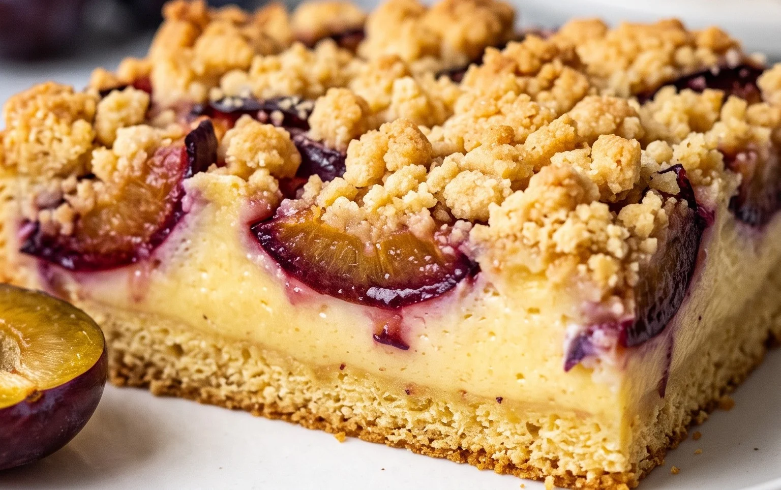 Zwetschgenkuchen mit Pudding und Streuseln – die Cremeschicht wird gleich mitgebacken!