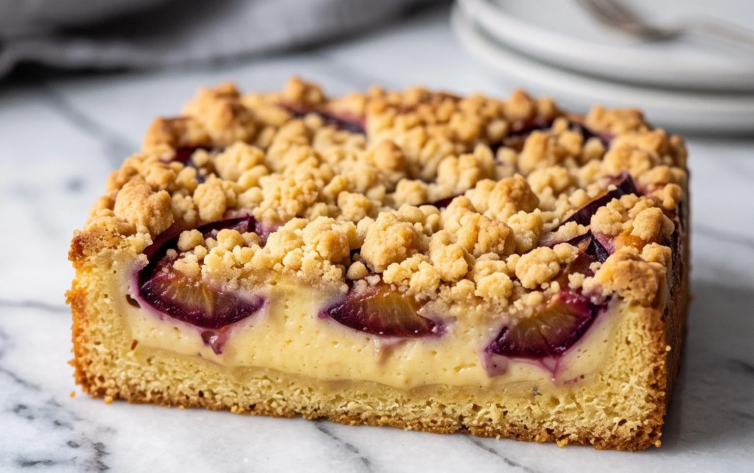 Zwetschgenkuchen mit Pudding-Creme & Streusel